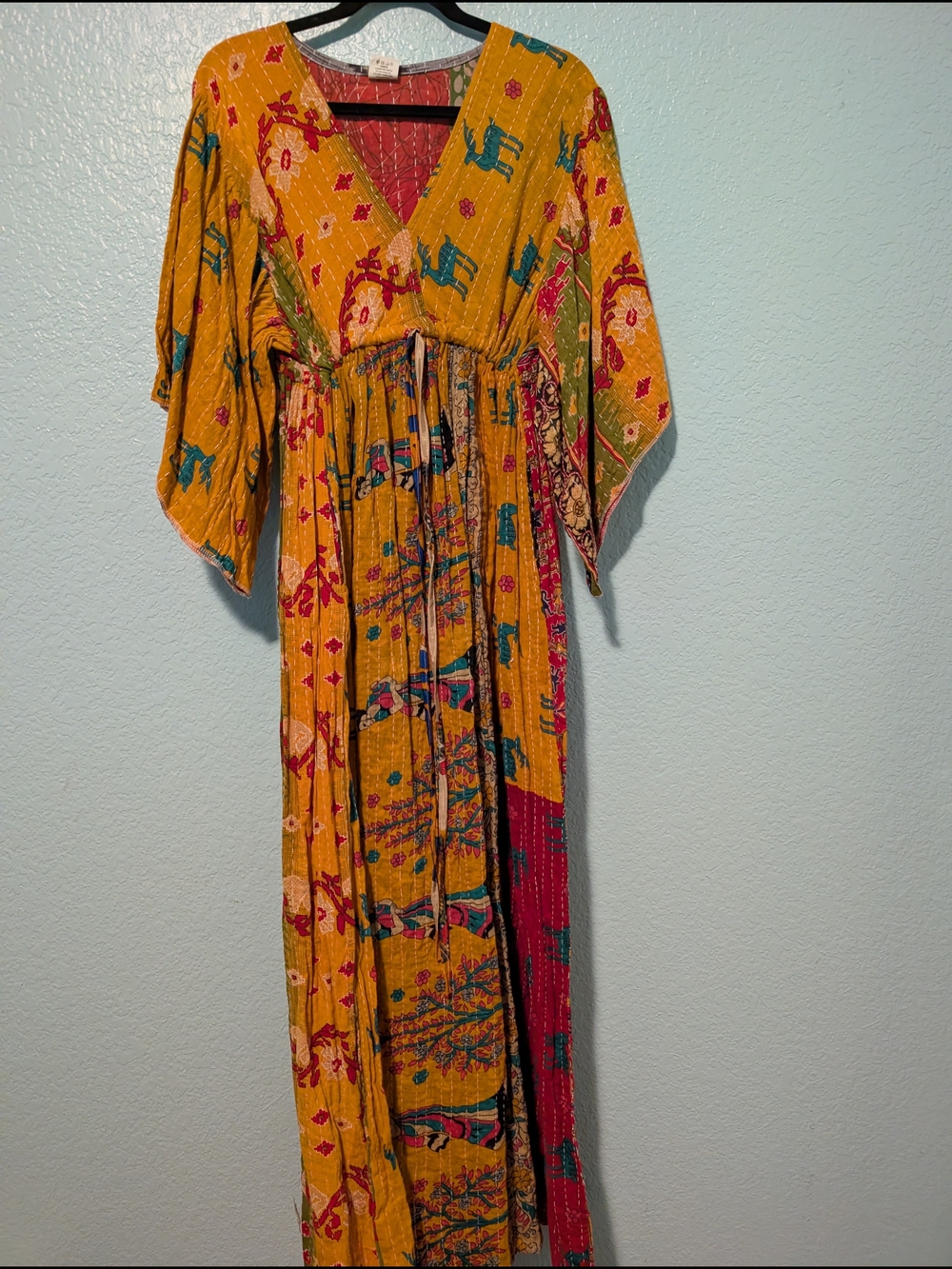 Kantha Boho Mustard Yellow Floral Maxi Dress